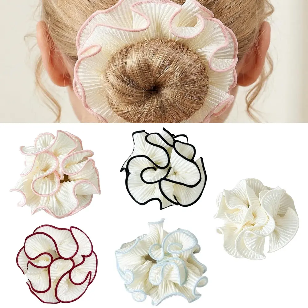 5 Packs Oversized Puffy Hair Scrunchies - Double Layer Pleated Ruffle Design, White with Colored Trim, Extra Large Hair Ties for Buns & Voluminous Looks, Hairbands & Scrunchies, Puffy Ponytail Style, Puffy Ponytail Hairbands & Scrunchies