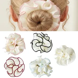 5 Packs Oversized Puffy Hair Scrunchies, Double Layer Pleated Ruffle Design, White with Colored Trim, Extra Large Hair Ties for Buns Ponytail Holders for Voluminous Look