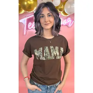 Women's Short-Sleeve Round Neck Chocolate Camouflage Mama Print T-Shirt - Comfortable Casual Streetwear Top, Fits with Jeans or Joggers for Everyday Brown Womenswear