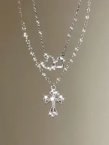 2pcs Fashionable Luxury Studded Cross & Heart Pendant Necklace, Minimalist Multilayer Versatile Necklace, Perfect Gift For Best Friend Or Valentine's Day,Mom,Mother,Mother's Day,Gift