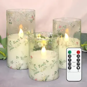 Glass Flameless Candles Flickering Battery Operated LED Pillar Candles Set of 3 with Timer and and 10-Key Remote Green Branch Floral Spring Summer Theme for Wedding Festival Home Decoration