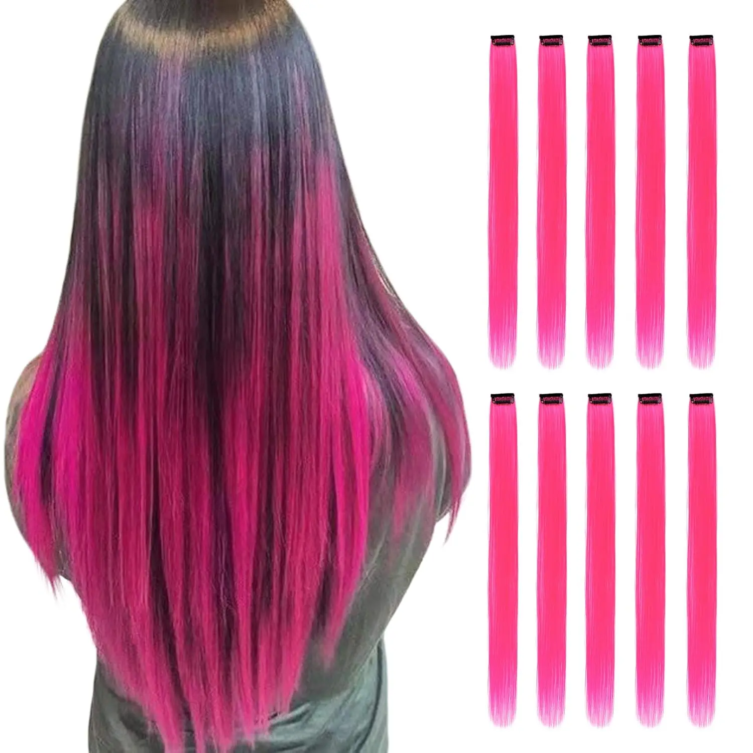 10 Pcs Pink Clip in Hair Extensions for Women & Girls, 22 Inch Long Straight Synthetic Fiber Hairpieces, Creates a Vibrant Highlight Look for Parties, Halloween & Casual Wear, Synthetic Hairpieces, Hair Extensions Clip In