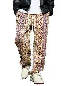 Men's Tribeca Geometric Print Relaxed Fit Drawstring Straight Trousers - Stylish, Casual, Comfy Loose Pants for All Seasons, Bold Retro Wardrobe Essential, Trouser