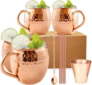 BOLD & DIVINE Moscow Mule Mugs - Set of 4 100% Pure Copper Large 16 oz Cups Food Safe Premium with Bonus Straws & Shot Glass