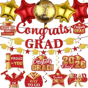 20pcs Graduation Decorations 2026, 1pc Glitter Congrats Grad Banner ,14pcs Class of 2026 Hanging Swirls and 5pcs Foil Balloon Red and Gold Graduation Decorations 2026 for Class of 2026 College Graduations Party Decorations Set Party Pack