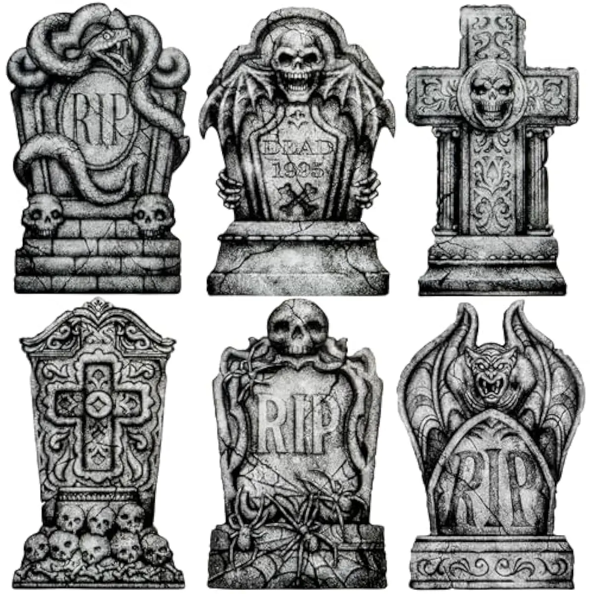 15.7 Halloween Decorations Outdoor Graveyard Tombstones, 6 Pcs Skeleton RIP Plastic Gravestones Halloween Decor with 12 Metal Stakes for Yard Lawn Garden Prop, Party Decor Supplies