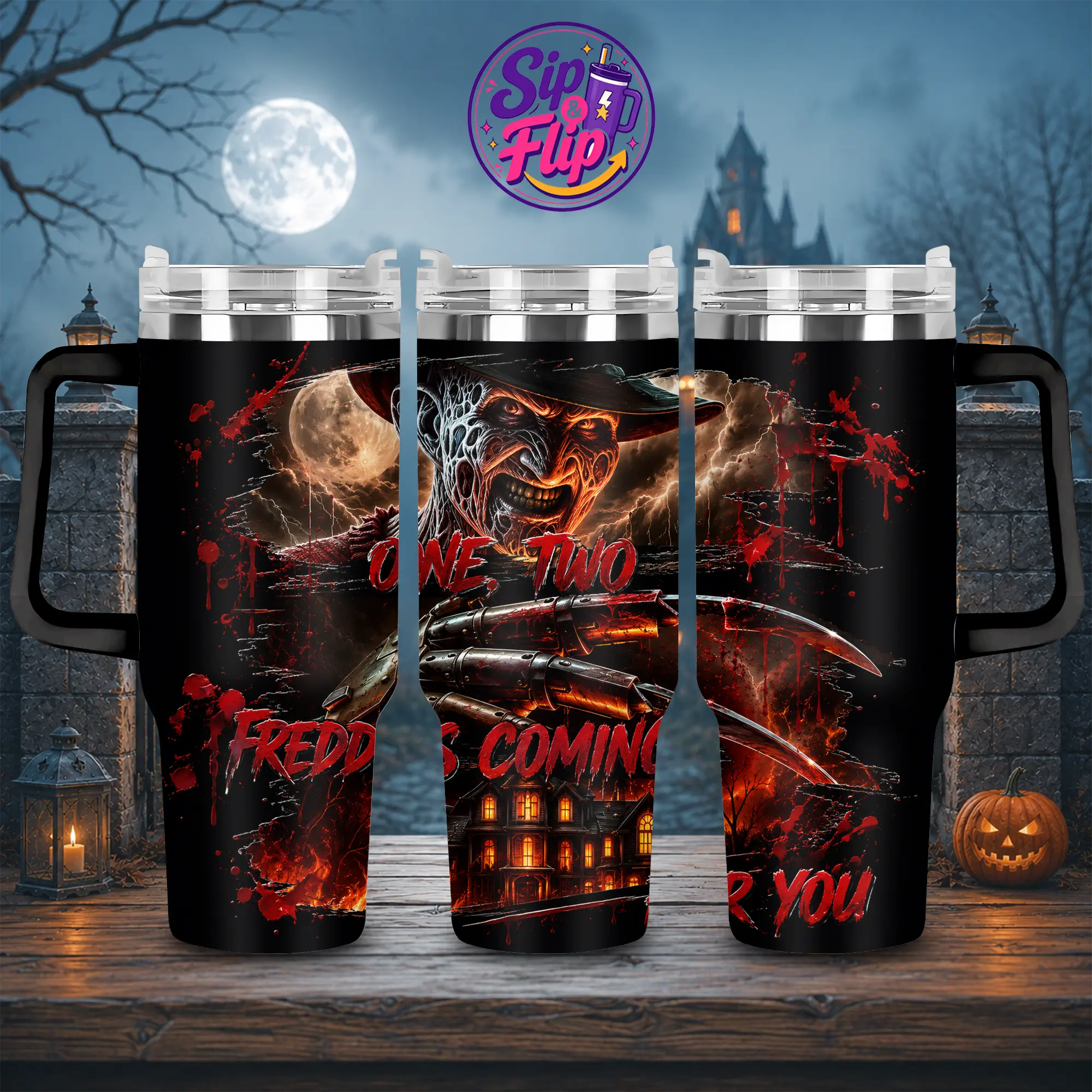 Freddy Krueger A Nightmare on Elm Street Horror 40oz Tumbler, Halloween Scary Movie Cup with Handle & Straw, Classic Slasher Killer Travel Mug, Elm Street Horror Fan Gift, Creepy Spooky Season Drinkware