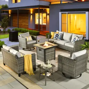 【Summer Vibes】Ovios Outdoor Patio Furniture Set 6-Piece with 30" Propane Fire Pit Table & 360° Swivel Rocking Chairs Patio Conversation Set & All-Weather Wicker Sectional Sofa with Cushions for Backyard Deck Garden