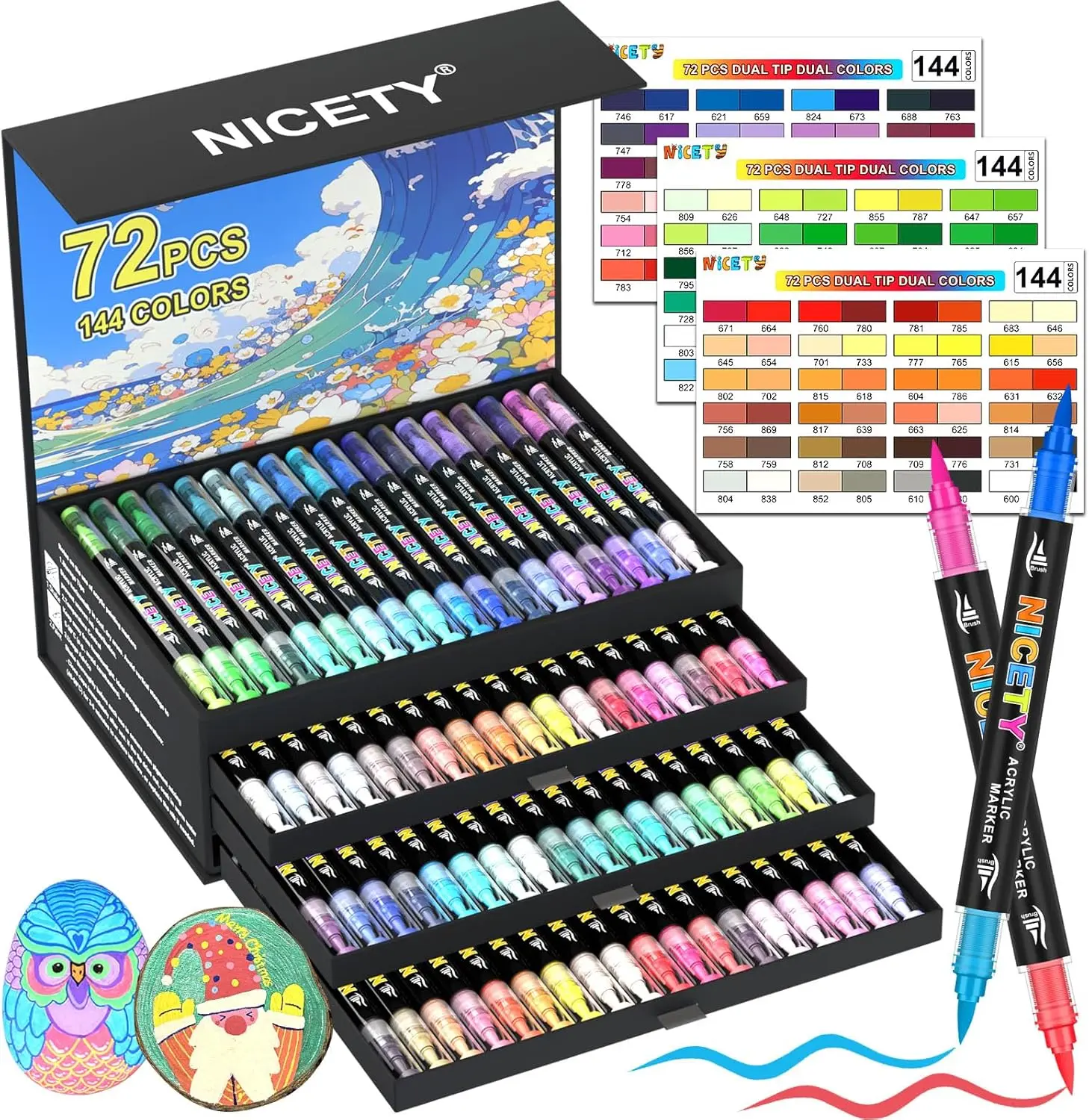 NICETY Dual-Tip Acrylic Paint Markers, 72-Pack 144-Color Water-Based Quick-Dry Non-Bleed Pens with Brush Tip for Rock, Wood, Glass (Office Stationery Writing Tool)