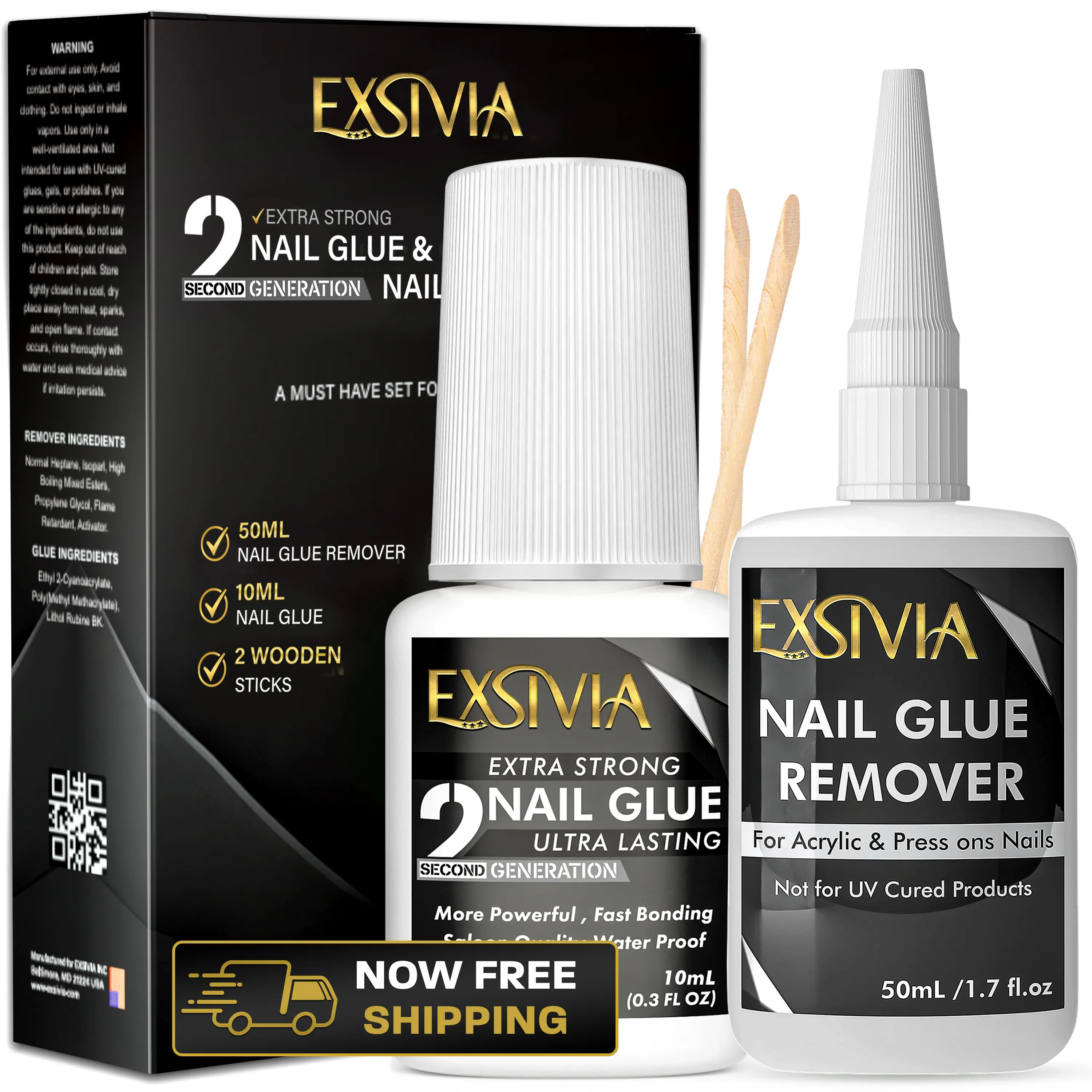 Exsivia Nail Glue & Remover Set - 10mL Extra Strong Glue & 50mL Gentle Odorless Debonder - Salon Quality for Acrylic Press On Nails - Waterproof Fast Bonding Formula - Flawless Daily