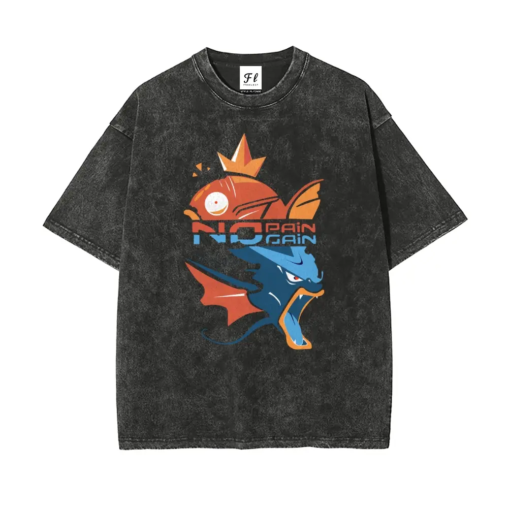 Unisex Oversized Graphic T-Shirt - Vintage Silky Washed Cotton Anime Streetwear with Magikarp Gyarados 'No Pain No Gain' Print, Joggers, Shortsleeve, Garment, Menswear, Round Neck, Classic, Fabric hoodie men Casual Crewneck