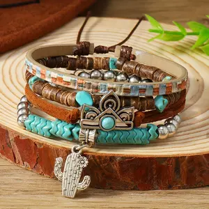 4PCS Bohemian Chic Beaded Wristbands Set Vintage Natural Coconut Shell, Cactus Charm, Turquoise Accents, Stackable Handmade Bracelets Ethnic Multi-layer Adjustable Beads Bracelet Party, Proms, Music Festivals, And Holiday Wear Accessories