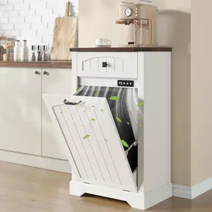[SummerVibes] Vabches Wood Silent Tilt-Out Trash Can Cabinet with Lid & Deodorizing Function, 10-Gal Dog-Proof Wooden Cabinet with Drawer, Hidden Laundry Hamper for Kitchen, Laundry Room