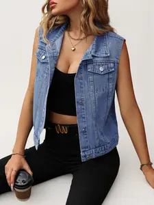 Women's Casual Basic Sleeveless Denim Top, Front Button Design, Perfect for Daily Wear, Everyday, Fashionable Gift Idea, Slim-Fitting Style Womenswear Vests