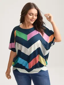 【Summer Turn-Up】BlOOMCHIC Plus Size Color Block Wavy Print T-Shirt - Multicolor Striped Dolman Sleeve Loose Fit High Stretch Round Neck Top Fabric Garment Tshirt SpringStatements [1x-6x] 2026 Summer Pick for Mother's Day