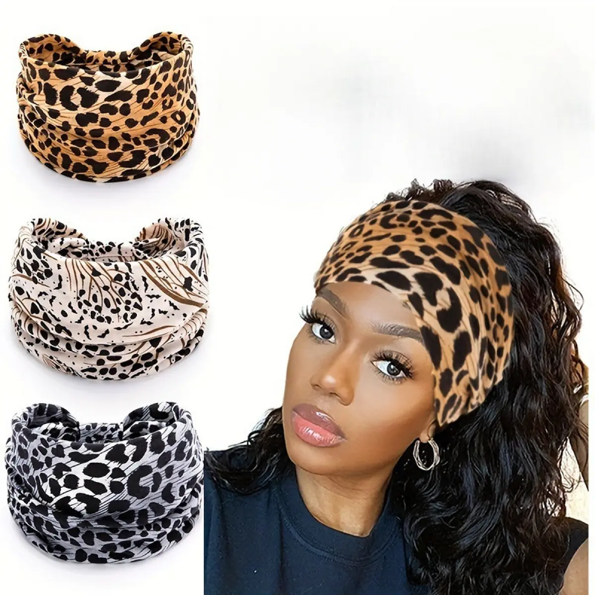 Women's Wide Leopard Print Headbands, 3 Pack Stretch Cotton Hair Wraps with Smooth Touch, Non-Slip & Elastic for Workout, Yoga, Breathable Headbands, Wide Fit, Thick Headbands
