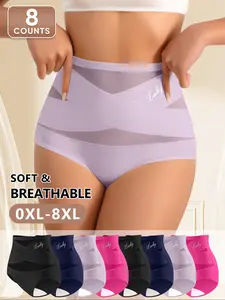 8 Pack 0XL-8XL Plus Size Women's High-Waisted Shapewear Panties, Breathable Mesh Cross Design, Comfort Fit, Butt Lifting, Plus Size Underwear, Womenswear