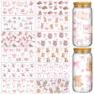 12 Sheets Coquette UV DTF Cup Wrap Stickers Pink Bow UV DTF Cup Wraps Transfer Stickers for DIY Craft Decorations for 16 oz Glass Water Bottle (Lovely)