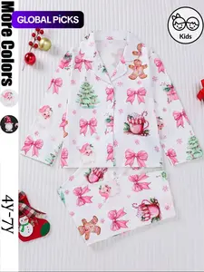 Christmas Pajama Set, Cute Cartoon Print, Fire-Resistant Fabric, Long Sleeve Button-Up Top & Elastic Pants, All Seasons Wear
