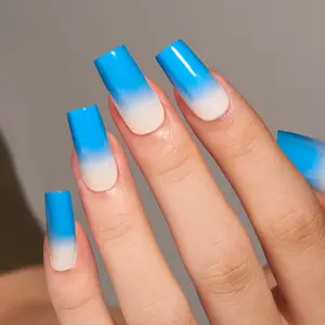 CurvLife Arctic Fade Blue Ombre Press-On Nails — Glossy Square Tips with ice-blue to milk-white gradient, natural fit and seamless cuticle line; non-toxic & reusable with strong hold; quick apply/remove for chic winter, daily and party looks
