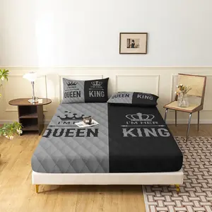 3pcs Couple King And Queen Printing Fitted Sheet Set (1 Fitted Sheet + 2 Pillowcases,No Pillow) High-Definition Printing Romantic Couple Style Soft And Comfortable Fashionable And Personalized For Home And Dorm