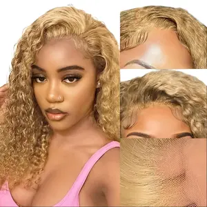 Honey Blonde #27 Human Hair Lace Front Wig - Pre-Plucked 13x4 HD Glueless Frontal Wig with Deep Curly Wavy Texture, Glueless Frontal Wigs