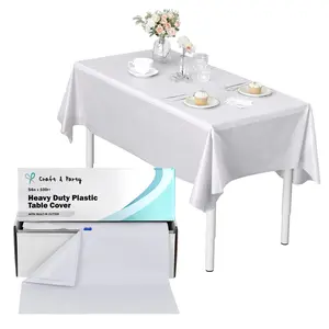 54" x 100/300Ft Plastic Table Cover Roll with Cutter, Heavy Duty Plastic Tablecloth Roll for Party, Picnic, Banquet and Floor Covering.