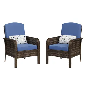 2-Piece Outdoor Patio Set, All-Weather Wicker Chairs with High Back & Cushions for Deck, Porch, Garden, Brown Rattan with Blue Cushion