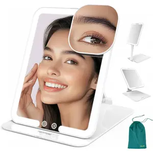 Travel Makeup Mirror with Light - Tripple Folding Travel Mirror with Light, 3 Colors Lighted Makeup Mirror, Portable Vanity Mirror with Light, Freely Adjust Height and Angle(White)