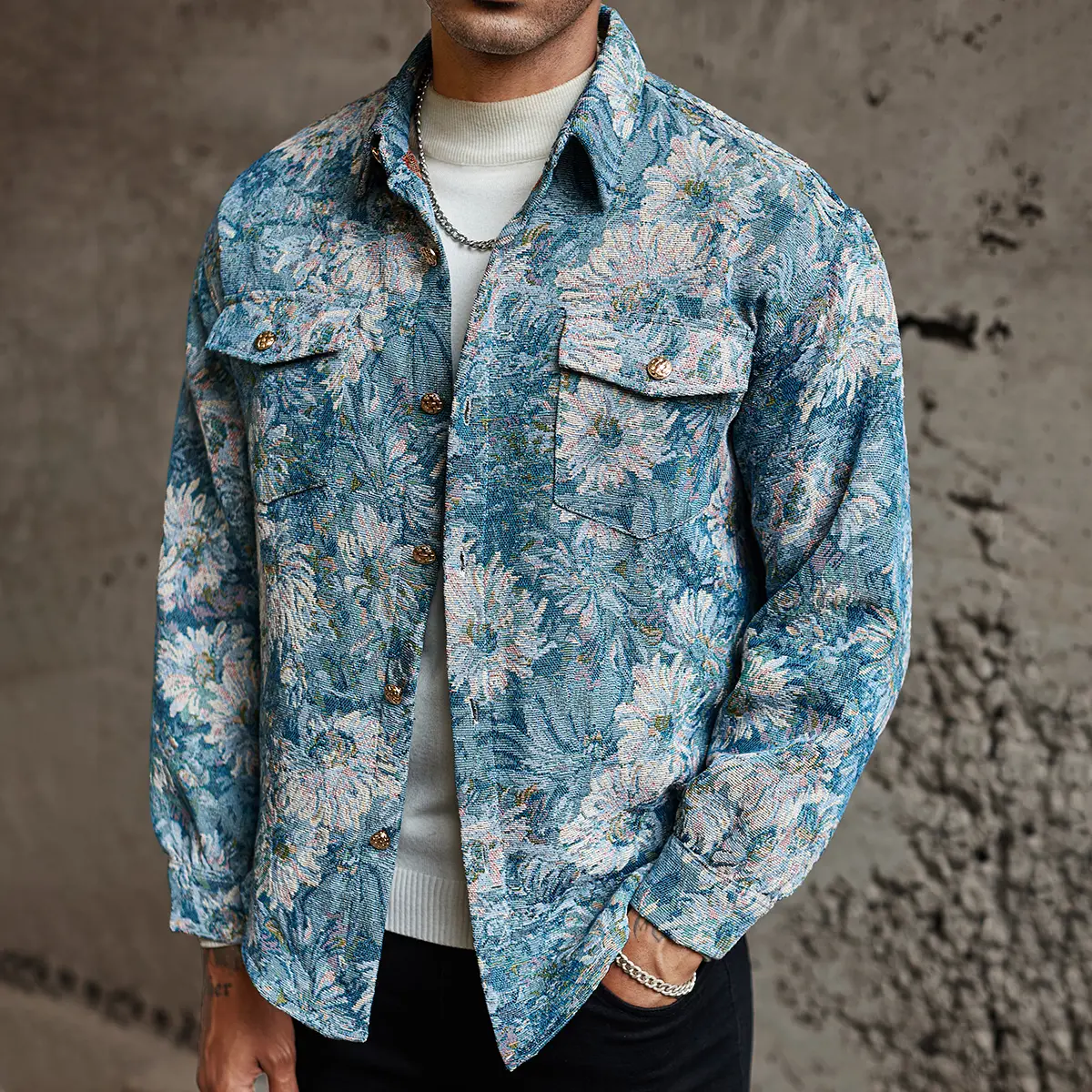 Men's Oversized Long-Sleeve Shirt Jacket with Lapels, Jacquard Daisy Pattern, Oil Painting Style, Casual