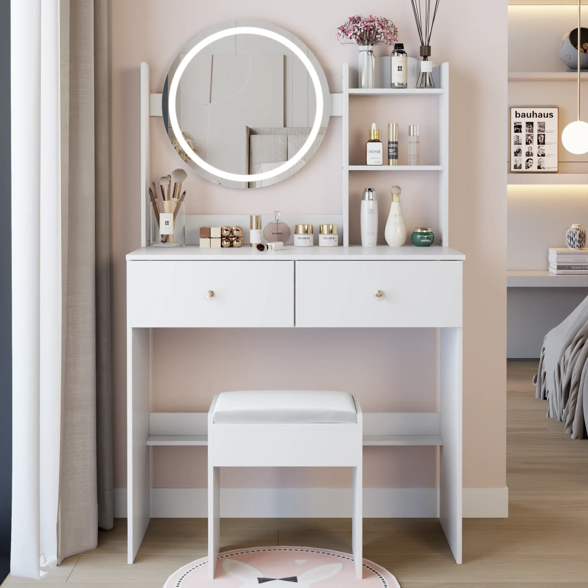 Sturdy Traditional Wood Frame Makeup Vanity Set with 17" Round Touch Switch Adjustable LED Mirror, Soft Cushion Stool, Multi-Layer Drawers Storage, Requires Assembly for Small Spaces