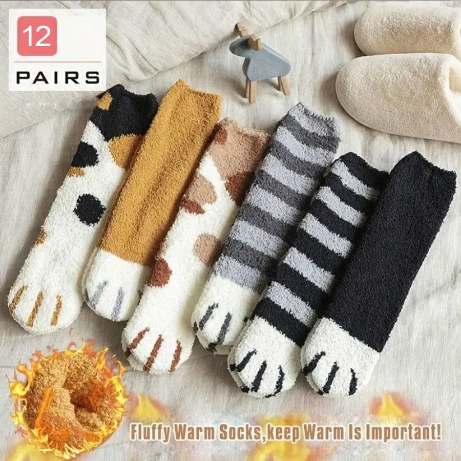 12 pairs of cozy cat paw print knee socks warm thick furry fabric women's long stockings cute and comfortable for winter
