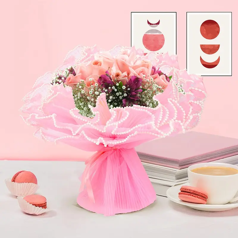 3pcs single-sided pearl wavy ruffled edge pleated wave yarn flower bouquet packaging mesh, suitable for flower bouquet packaging, Valentine's Day, wedding anniversary, holidays, etc