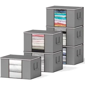 6 Pack 90L Clothing Storage Bags, Heavy Duty Closet Storage Bins, Extra Large Moving bags, Storage Containers for Clothes, Blankets, Comforters, and Pillows - Gray