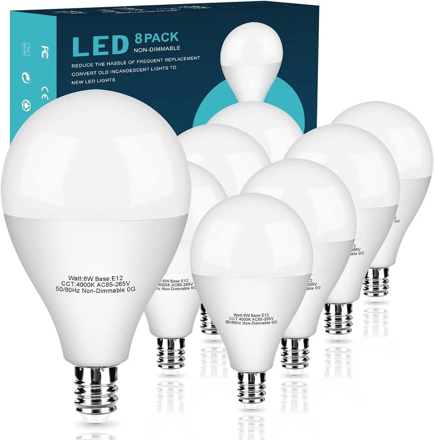 Hansang 8-Pack E12 Base LED Candelabra Bulbs, A15 Shape, 60W Equivalent, 4000K Natural Daylight, 600 Lumens, CRI85+ Non-Dimmable for Chandeliers, Ceiling Fans