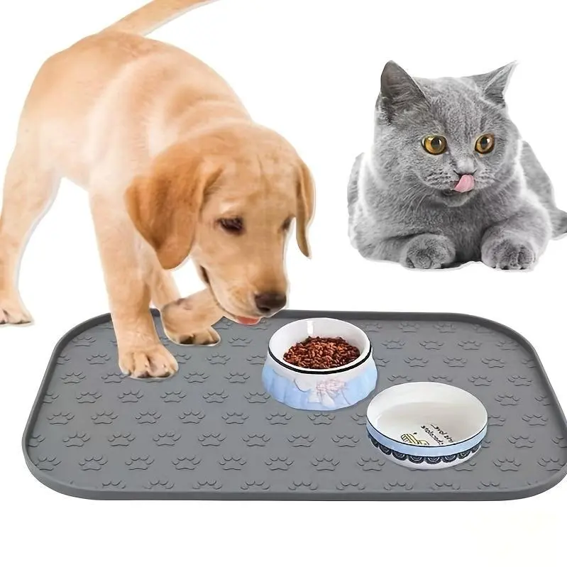 Silicone Pet Feeding Mat for Dogs & Cats - Paw Print Design, Anti-Slip Base, Raised Edges, Designated Eating & Drinking Areas, Mess-Free Water Control Mat