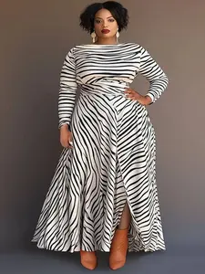 Plus Size Women's Zebra Stripe Maxi Dress with Slit Hem & Long Sleeves A-Line Winter Warmth Flared Cinched Waist for Casual to Formal Outfits Machine Washable Black & White Striped Party Wedding Everyday Dress Bridal