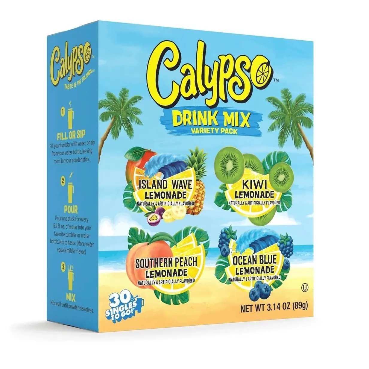 Calypso Singles To Go! Drink Mix Variety Pack – Lemonade On-the-Go Powdered Drink Mix Packets – Low Calorie Water Enhancer – Island Wave, Kiwi, Southern Peach, Ocean Blue Lemonade, 30 Count