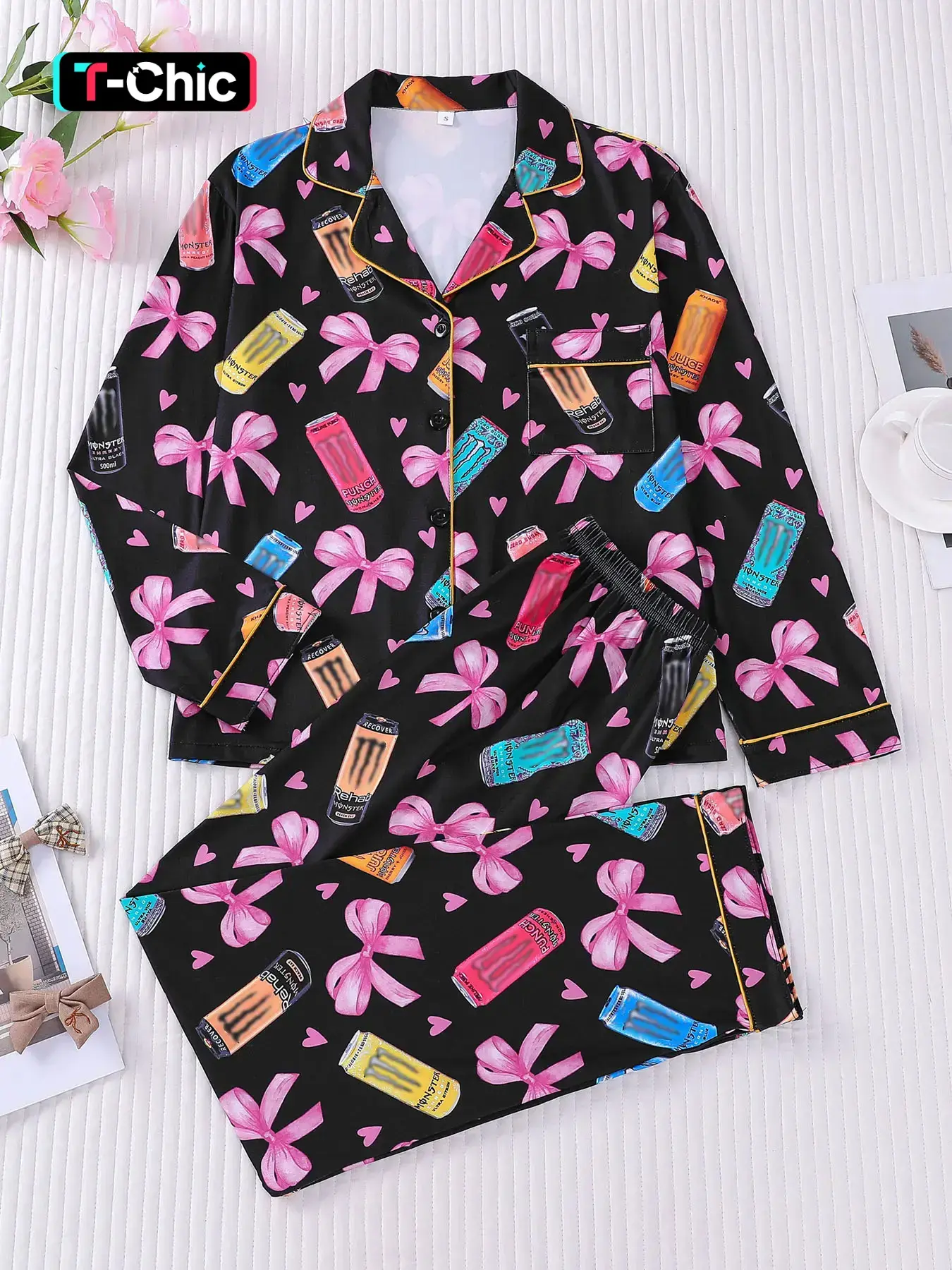 2-piece women's pajama set, Loungewear, featuring pink bows and hearts, colorful beverage bottle prints, long sleeves, long pants, soft and comfortable fitted top with small pockets, button closure, elastic waistband, suitable for Homewear