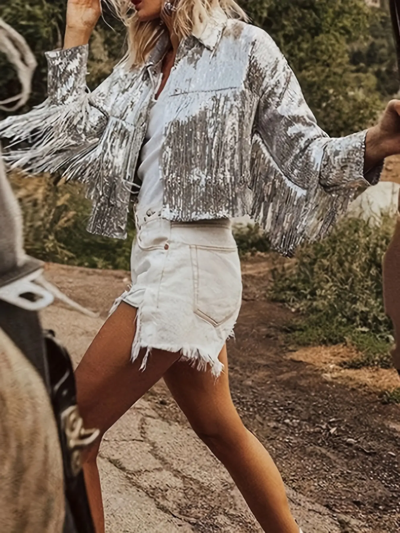 Fashion Elegant Sparkling Silver Color Fringe Jacket Coat, Long Sleeve Vintage Top for Summer Fall Streetwear, Party Festival Concert, Womenswear Outerwear Piece