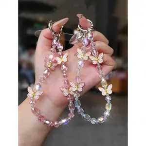 1pc Elegant Butterfly Smartphone Chain - Handmade Beaded Wrist Accessory with Delicate Crystal Pendant, Cellphone Case Hanging Chain with Pad, Suitable for Outdoor Travel & Shopping, Phone Charm, Tech Accessories,summervibes