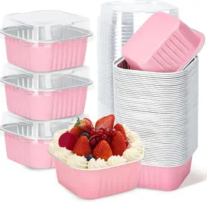 30 Pack 5oz Mini Cake Pans with Lids, Pink Aluminum Foil Baking Cups, Individual Dessert Containers for Parties, Sales & Picnics