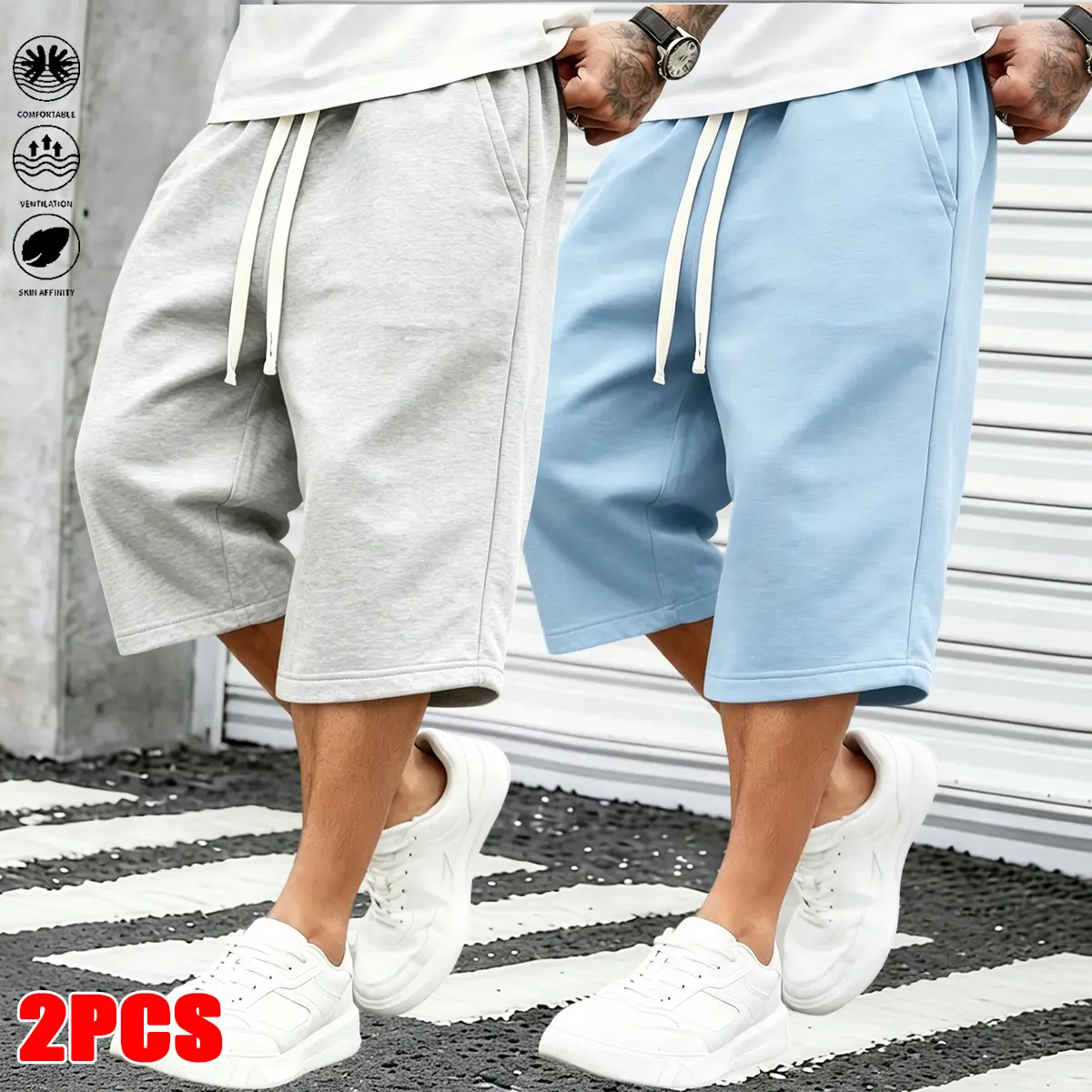 2-pack men’s shorts: knee-length seven-eighths length, tight fit, drawstring tie design, elastic waistband, soft breathable cotton fabric, relaxed casual style, solid color streetwear running shorts, comfortable skin-friendly lightweight versatile shorts