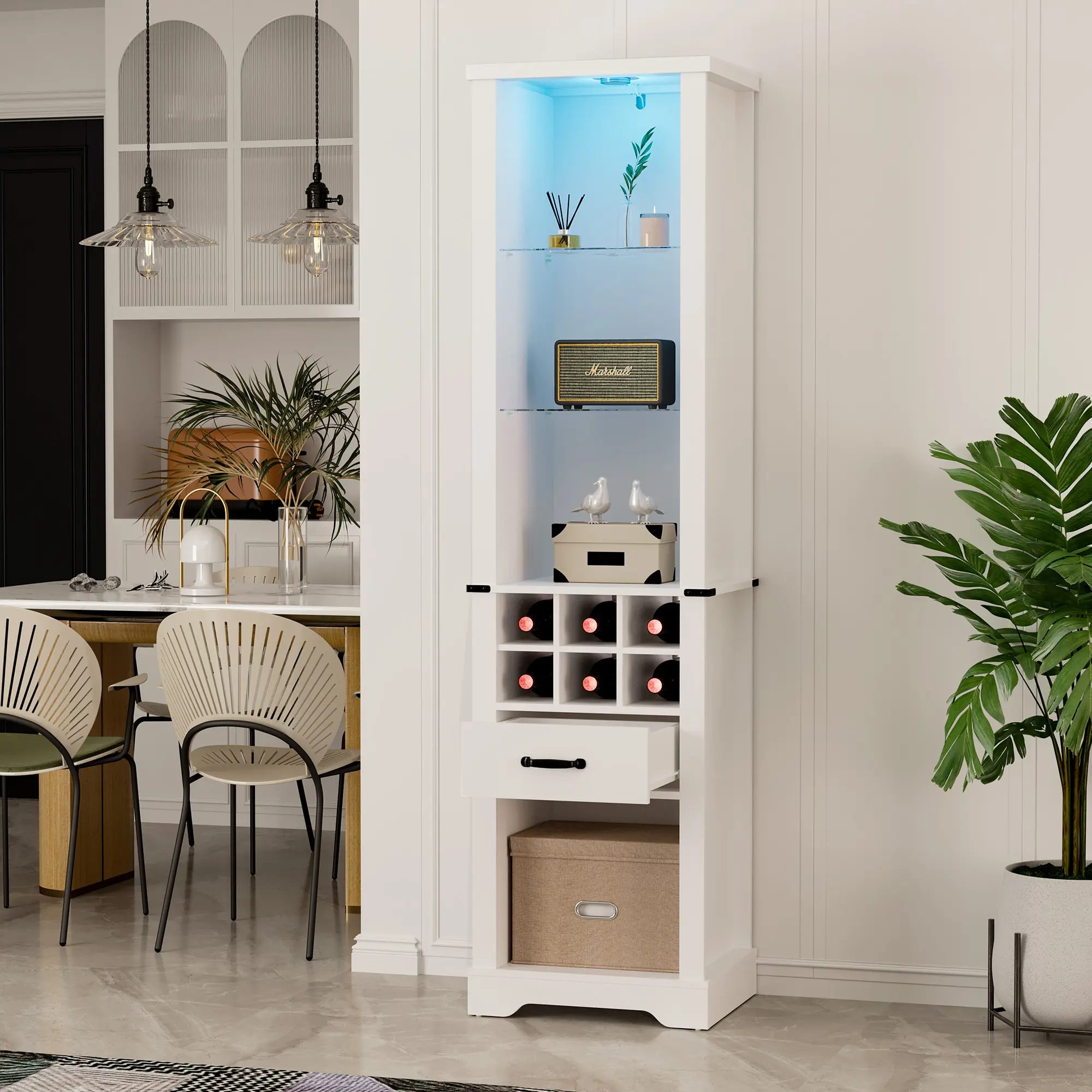 RoyalCraft Buffet Sideboard with LED Light, Narrow Buffet Cabinet with Barn Doors and Glass Adjustable Shelves for Dining Room Bathroom Kitchen