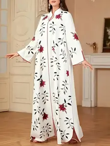 Women's Floral Print Muslim Abaya, Elegant Modest Style, Mandarin Collar, Open Front, Lightweight Chiffon, Ideal for Ramadan/eid