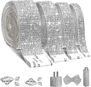 4 Rolls Self-Adhesive Crystal Rhinestone Ribbon, Diamond Bling Sticker for Arts Crafts Wedding Birthday Party DIY Decoration