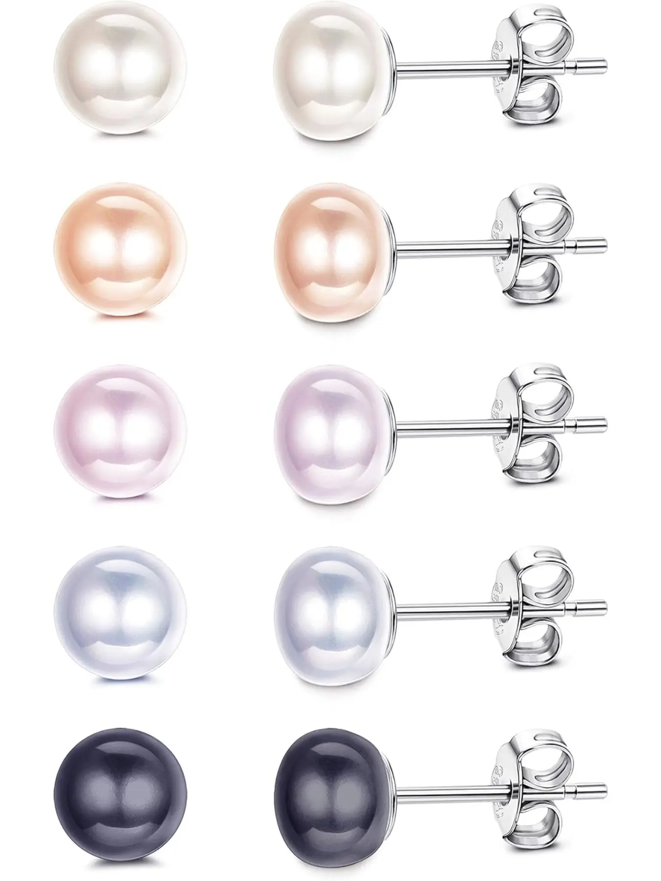 5 Pairs Pearl Stud Earrings for Women | Genuine Freshwater Cultured Pearl Earrings Set 18K White Gold Plated Sterling Silver Stud Earrings | Wedding Bridal Earrings Pretty Studs