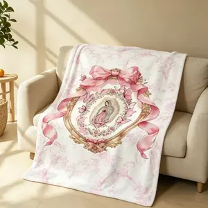 Virgin Mary Guadalupe Flannel Blanket, Pink Bow Soft Cozy Plush Throw for Sofa, Birthday and Christmas Gift
