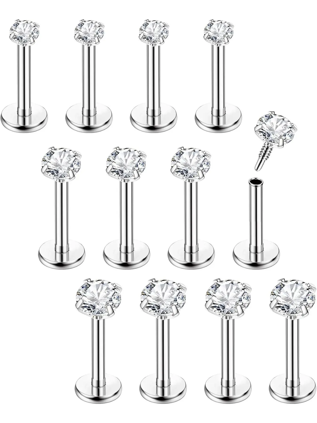 16g 12pcs Stainless Steel Tragus Piercing Jewelry, Hypoallergenic Nose Studs, Lip Studs, Labret Earrings, Flat Back Studs, 6/8mm, Body Jewelry