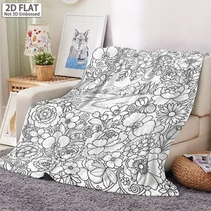 2D Flat, 1pc Coloring Flannel Blanket, Adult Stress Relief Hand-Painted Coloring Blanket with Landscape And Floral Theme, Reusable Graffiti Decorative Blanket, Sofa Throw Blanket for Napping at Home, Cozy Blanket Throw, Creative